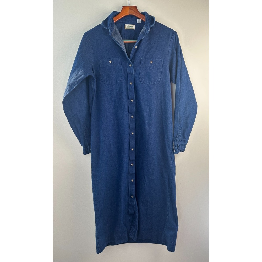 L.L. Bean Vintage Denim Shirt Dress Size 14 Blue Cotton LS USA Modest No Belt - Picture 2 of 11